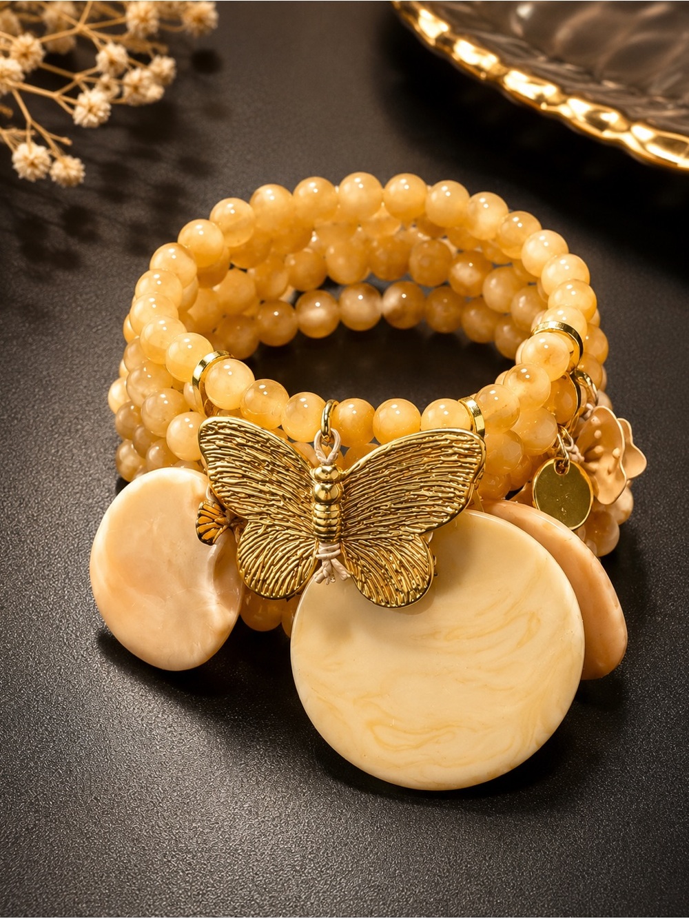 Gold Butterfly Yellow Beaded Charm Bracelet